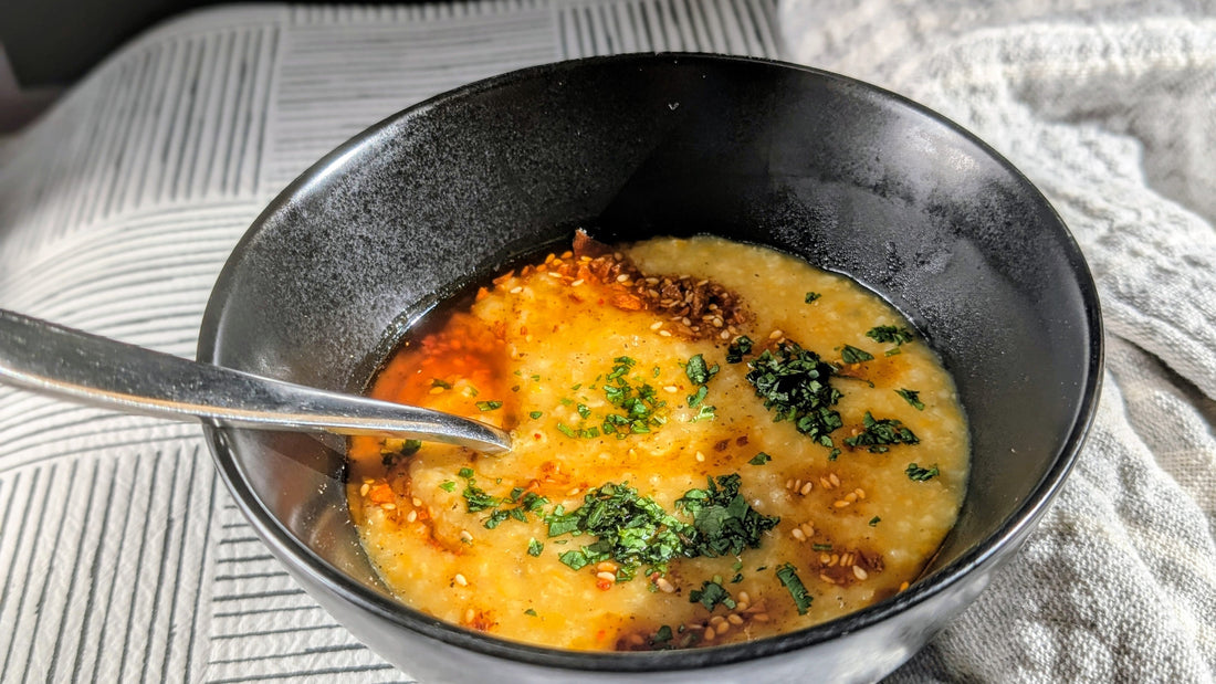 Butternut Squash Congee with Ruby Crunch Chili Crisp