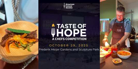 A beef taco with kimchi slaw and a chef preparing the taco with a jar of Ruby Crunch chili crisp.