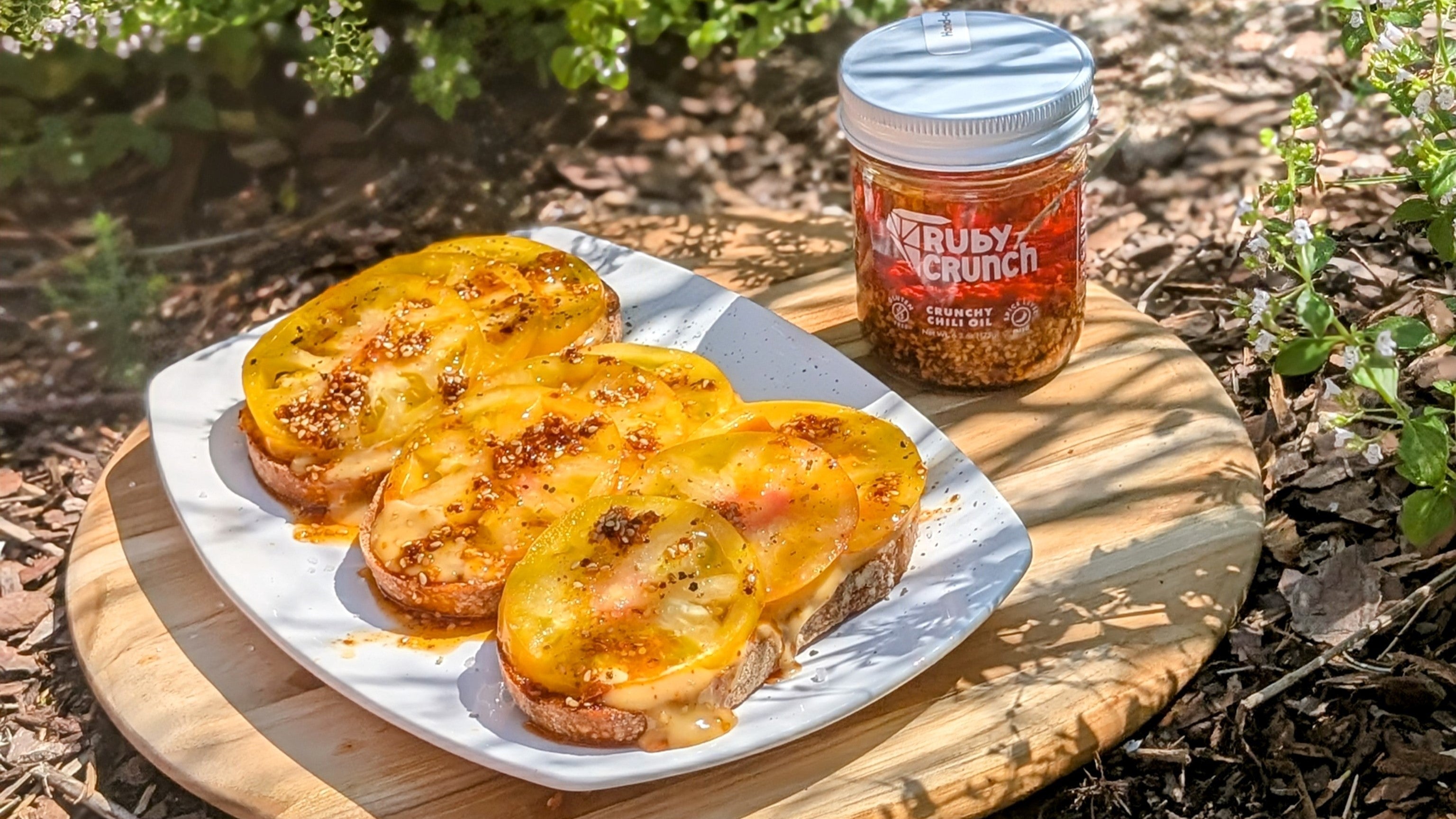 Late-Summer Tomato Toast with Ruby Crunch Chili Crisp Mayo – 5 Lakes Flavor