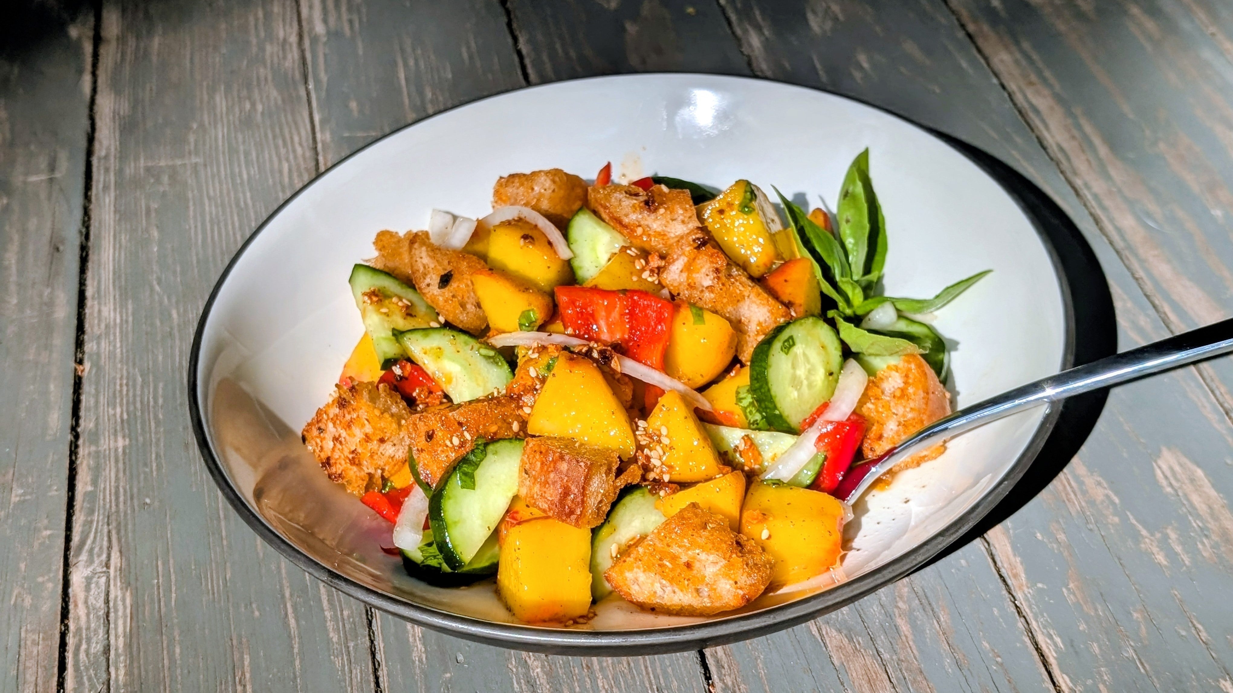 Peach Panzanella with Ruby Crunch Chili Crisp – 5 Lakes Flavor