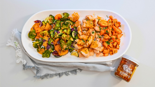 Sheet Pan Chicken Dinner with Ruby Crunch Chili Crisp Peanut Sauce