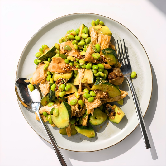 Chicken salad with large chunks of chicken, cucumber, and edamame with a dairy & egg free dressing.